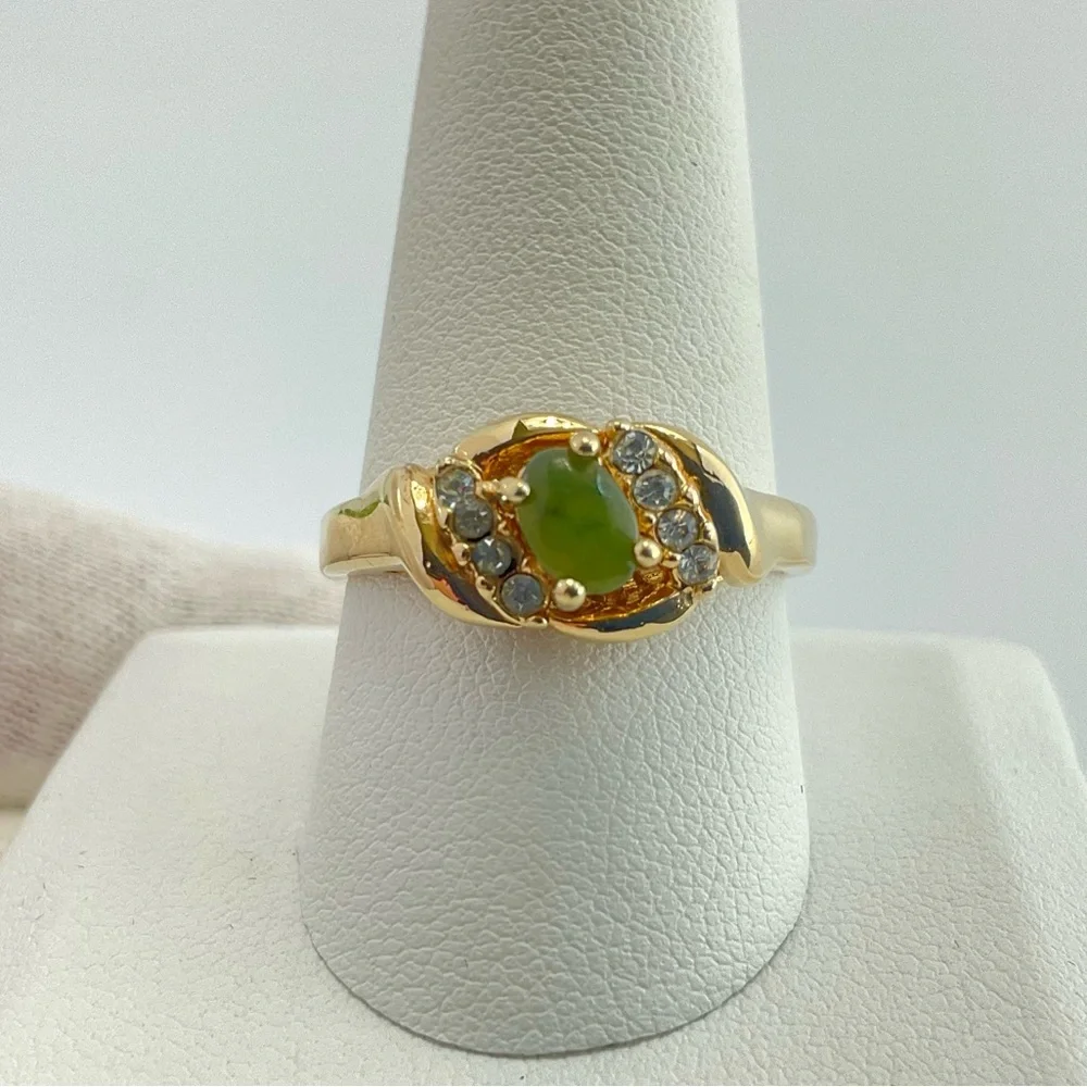 Jade & Clear Stones Gold Plated Ring, Unisex, Nephrite Jade Cabochon